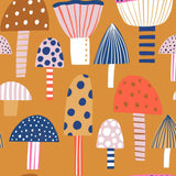 a variety of colorful and whimsical mushrooms with different shapes and patterns, including polka dots, stripes, and other abstract designs.