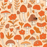 a pattern of mushrooms and leaves on a peach background