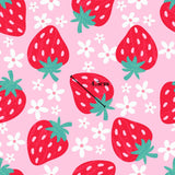 a repeating pattern of red strawberries with green leaves against a pink background.