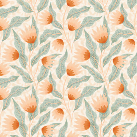 an orange and green floral pattern on a white background