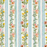 a repeating pattern of vertical stripes with pink and yellow flowers and green leaves. The flowers are arranged in a vertical line, creating a visually appealing and harmonious design.