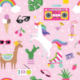 a pink background with a pattern of unicorns and other items