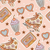 various colorful and whimsical objects, including rollerblades, sunglasses, a heart-shaped ice cream cone, a cassette tape, and a heart-shaped cupcake. The objects are arranged in a repeating pattern, creating a visually appealing and playful composition.