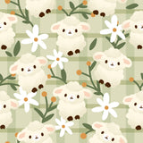 a repeating pattern of white sheep and white flowers on a green and white checkered background.