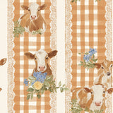 The image is a repeating pattern of cows and flowers on a checkered background.