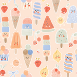 a pattern of ice cream and fruit on a pink background