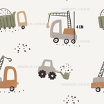 a white background with a pattern of trucks and tractors