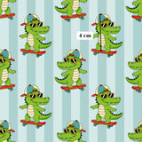 a repeating pattern of cartoon crocodiles riding skateboards, with each crocodile wearing sunglasses and a hat.