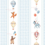The image is a collage of various cartoon-style illustrations, including a bear holding balloons, a squirrel riding a hot air balloon, and a donkey carrying a hot air balloon. The illustrations are set against a background with blue and white checkered patterns.