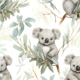 a watercolor painting of a koala and eucalyptus leaves