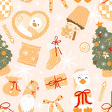 The image is a seamless pattern featuring various Christmas-themed objects and decorations, including a Christmas tree, gingerbread cookies, a snowman, a gnome, a gift box, and a snowflake.