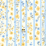 a repeating pattern of blue and yellow vertical stripes, each adorned with small yellow flowers and green leaves. The pattern is composed of multiple rows of these floral and leafy elements, creating a visually appealing and harmonious design.