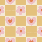 a pattern of hearts and flowers on a yellow background