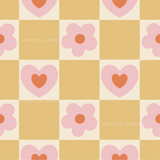 a pattern of hearts and flowers on a yellow background