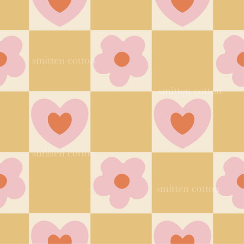 a pattern of hearts and flowers on a yellow background