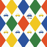 The image is a colorful diamond pattern with various colored diamonds and small car icons.