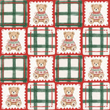 The image is a repeating pattern of Christmas-themed squares, each containing a teddy bear wearing a sweater. The squares are arranged in a grid-like pattern, with the teddy bears and their sweaters filling the squares.