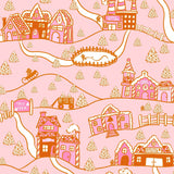 The image is a whimsical, cartoon-like illustration featuring a variety of colorful, whimsical houses and buildings set against a pink background. The scene includes a snow-covered landscape, pine trees, and a sled, creating a playful and imaginative winter scene.