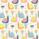 a repeating pattern of colorful cartoon-style snails and mushrooms against a light background.