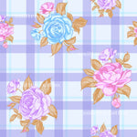 a repeating pattern of blue and pink roses against a purple and white checkered background.