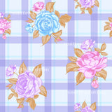 a repeating pattern of blue and pink roses against a purple and white checkered background.