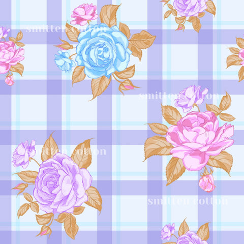 a repeating pattern of blue and pink roses against a purple and white checkered background.