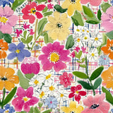 The image is a vibrant and colorful collage of various watercolor flowers and leaves, creating a lively and visually appealing pattern.