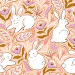 a repeating pattern of white rabbits surrounded by pink and purple flowers and leaves.