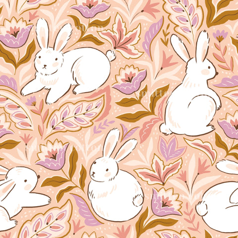 a repeating pattern of white rabbits surrounded by pink and purple flowers and leaves.