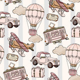 a repeating pattern of vintage-style transportation items, including a hot air balloon, a vintage car, a vintage train, and a vintage airplane, all set against a striped background.