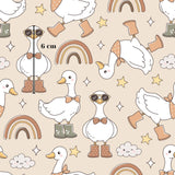 a repeating pattern of cartoon-style ducks wearing bow ties and sunglasses, along with various other whimsical elements such as rainbows, clouds, and stars.