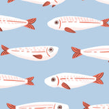 a repeating pattern of stylized fish swimming against a light blue background.