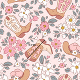 a repeating pattern of various floral elements, including flowers, leaves, and cowboy boots, all set against a pink background.