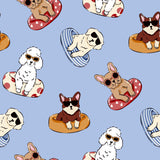 a repeating pattern of cartoon illustrations of dogs in various poses, including some sitting on floating objects and others lounging on the ground.