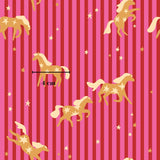 a pattern of stylized horses and stars on a striped background.