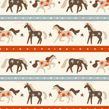 a repeating pattern of stylized horses in various shades of brown and white, with some stars and stripes. The horses are depicted in different poses, creating a dynamic and visually engaging composition.