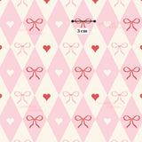 a repeating pattern of pink diamonds, red hearts, and red bows. The pattern is composed of various shapes and sizes, creating a visually appealing and harmonious design.