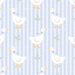a repeating pattern of white ducks with blue bows on their necks, set against a background of blue and white striped vertical lines.