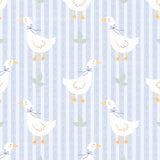 a repeating pattern of white ducks with blue bows on their necks, set against a background of blue and white striped vertical lines.
