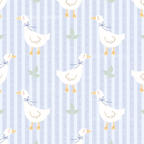 a repeating pattern of white ducks with blue bows on their necks, set against a background of blue and white striped vertical lines.