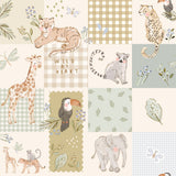 The image is a collage of various animal illustrations, including a tiger, giraffe, leopard, bird, and elephant, all set against a light green and white background.