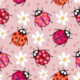 a repeating pattern of colorful ladybugs and white flowers against a pink background.