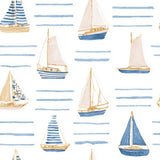 a repeating pattern of various sailboats in different colors and sizes, all set against a white background with blue horizontal lines.
