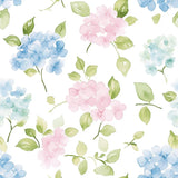The image is a repeating pattern of watercolor flowers and leaves in various shades of blue, pink, and green against a white background.