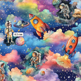 The image is a vibrant and whimsical collage featuring various space-themed elements, including planets, stars, and rocket ships. The scene is filled with a sense of wonder and adventure, with the planets and stars creating a cosmic atmosphere. The rocket ships, along with the astronaut figures, add a sense of movement and exploration to the composition. The image is a lively and imaginative representation of the universe, capturing the essence of space travel and discovery.