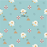 a repeating pattern of small white penguins, palm trees, and life preservers on a light blue background.