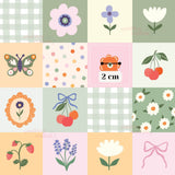 The image is a collage of various colorful and whimsical illustrations, including flowers, butterflies, cherries, and other decorative elements.
