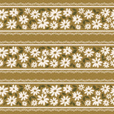 a repeating pattern of white flowers and green leaves on a brown background.