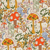 The image is a vibrant and whimsical pattern featuring a variety of mushrooms, flowers, and leaves in a repeating design.