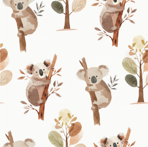 a pattern of koalas and trees on a white background